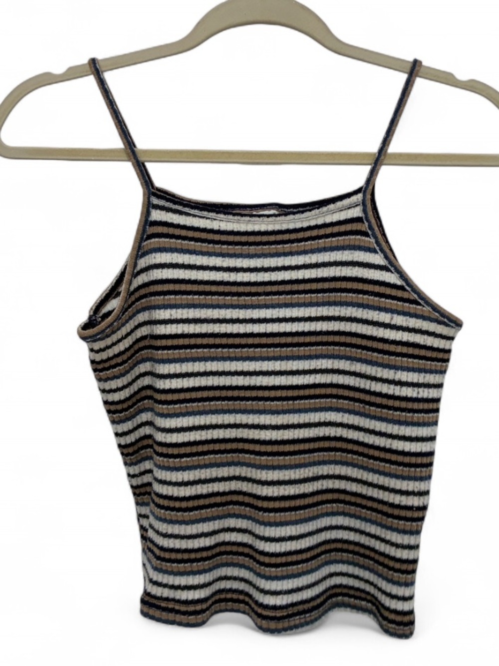 Vintage Dark Blue Tan White Striped Ribbed Spaghetti Strap Tank Top